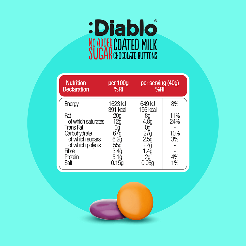 Diablo Coated Milk Chocolate Buttons - 40g. (No Added Sugar)