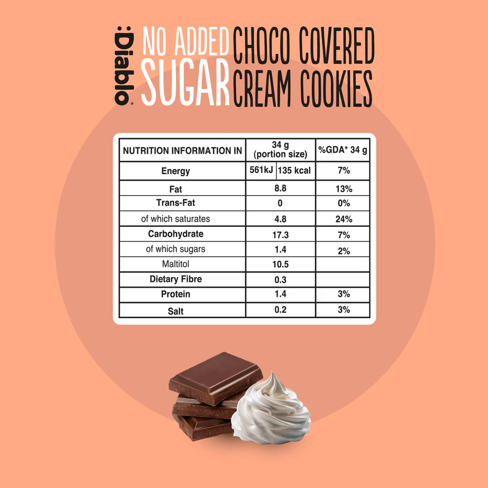 Diablo Choco Covered Cream Cookies - 136g. (No Added Sugar)
